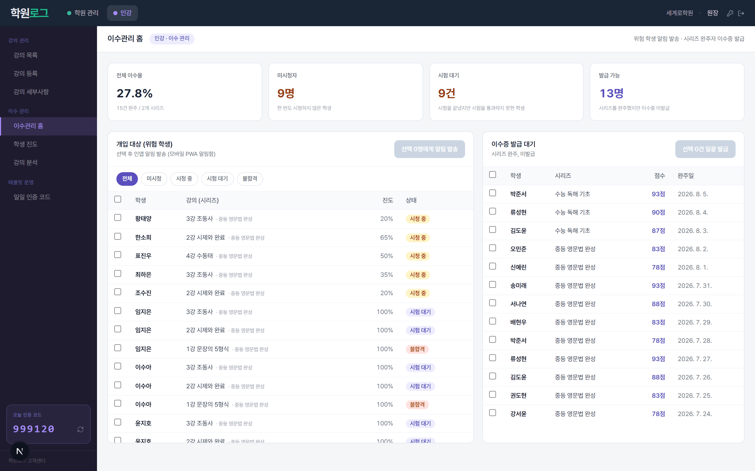 학생별 시청 진도와 시험 통과 여부, 이수증 발급 대기 명단이 한 화면에 정리된 인강 이수관리 화면.